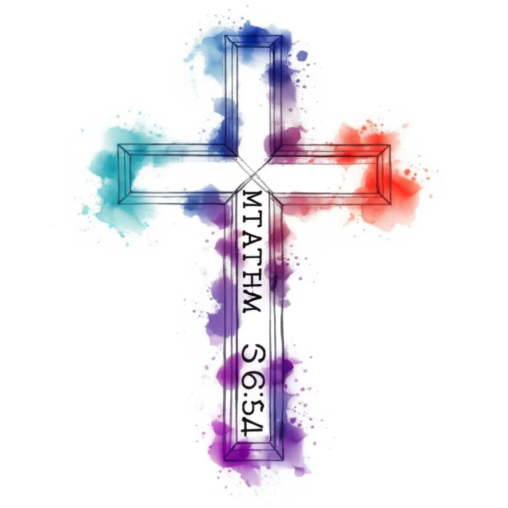 Watercolor Cross Tattoo with Matthew 6:34 - Meaning & Designs