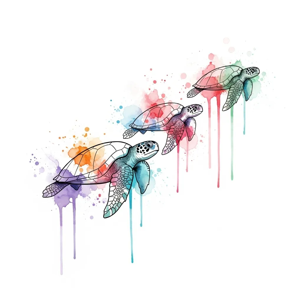 Watercolor Sea Turtle Tattoo: Three Turtles Swimming Design Watercolor Sea Turtle Tattoo: Three Turtles Swimming Design