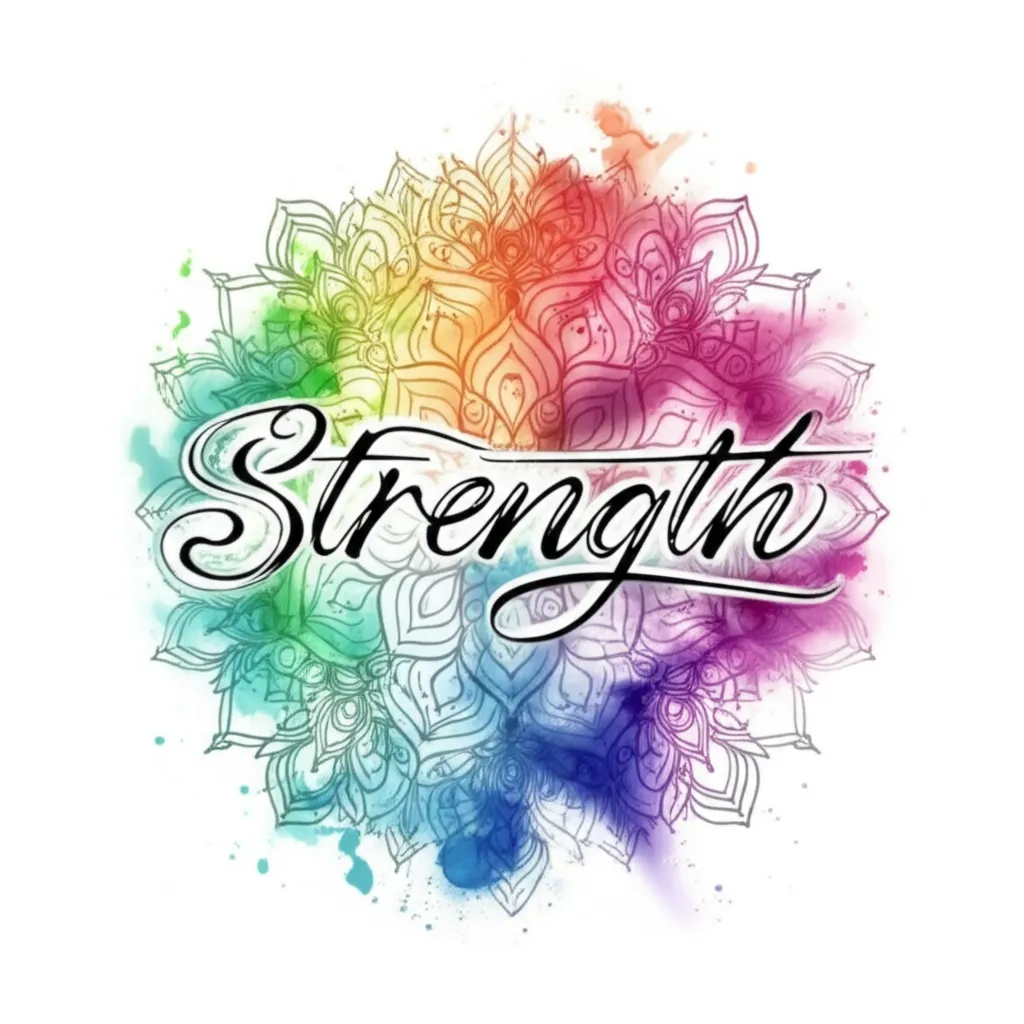 Watercolor Mandala Tattoo with 'Strength' Script - Arm Tattoo Design
