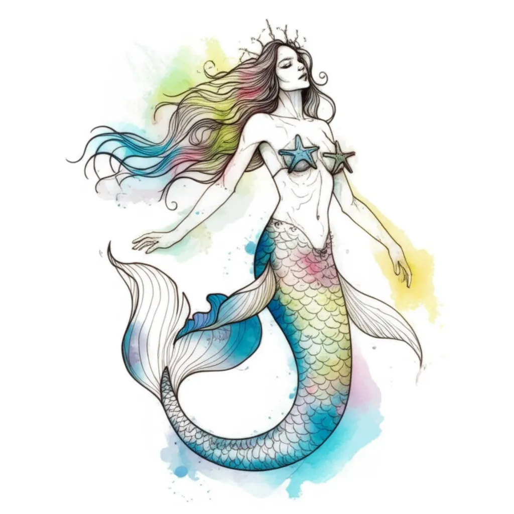 Watercolor Mermaid Tattoo Design with Starfish Details Watercolor Mermaid Tattoo Design with Starfish Details