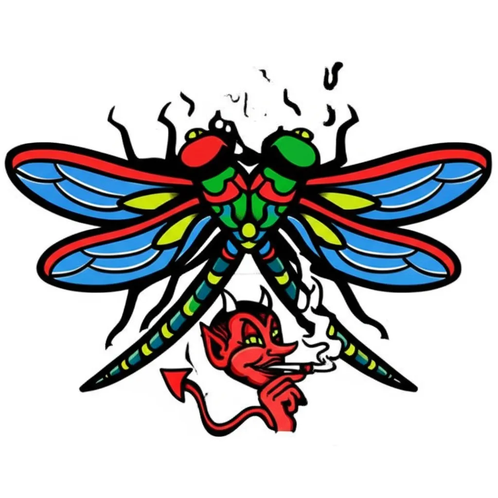 Dragonfly and Devil Anime Tattoo Design in Red and Blue/Green Dragonfly and Devil Anime Tattoo Design in Red and Blue/Green