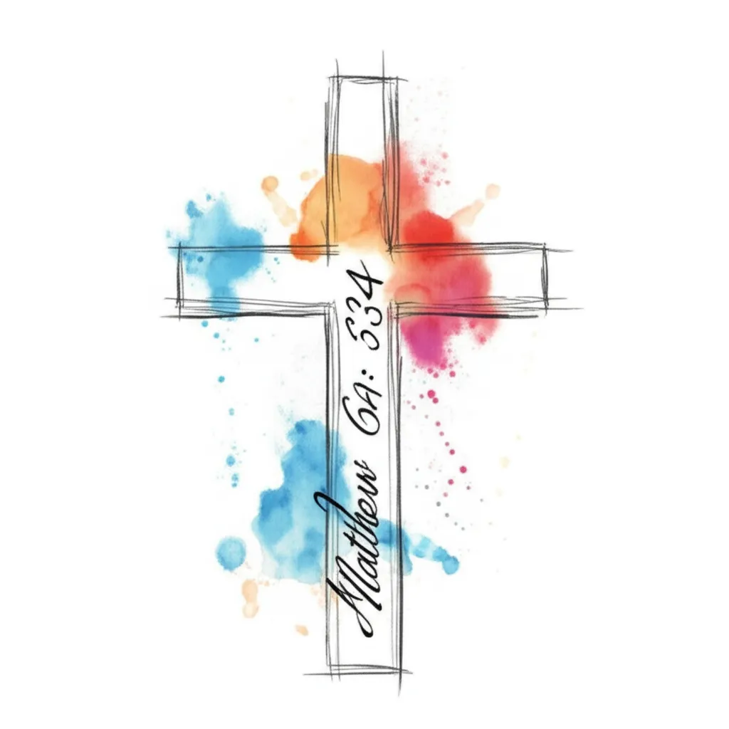 Watercolor Cross Tattoo with Matthew 6:34 Bible Verse