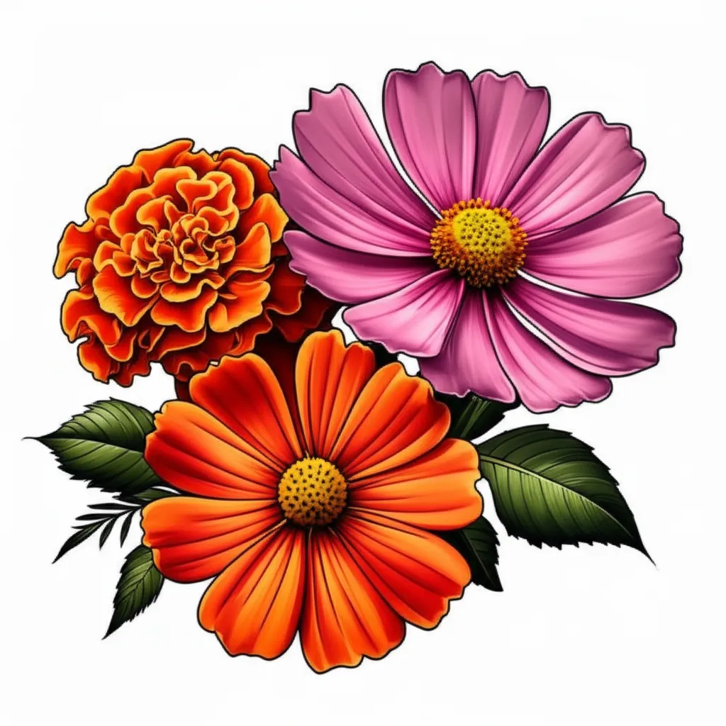 Neo-Traditional Marigold and Cosmo Flower Tattoo Design Neo-Traditional Marigold and Cosmo Flower Tattoo Design