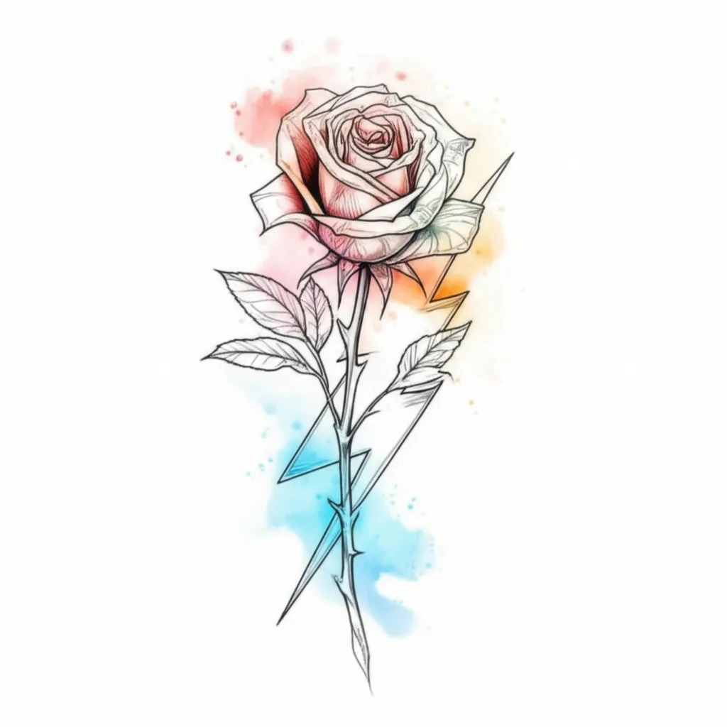 Watercolor Rose Tattoo with Lightning Bolt - Manly Floral Design