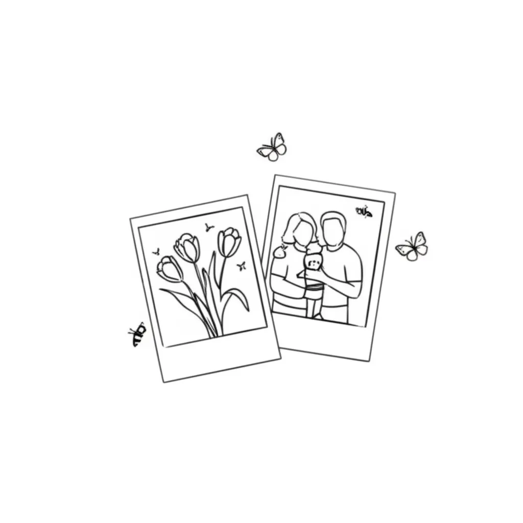 Minimalist Polaroid Family Tattoo with Tulips, Bees & Butterflies