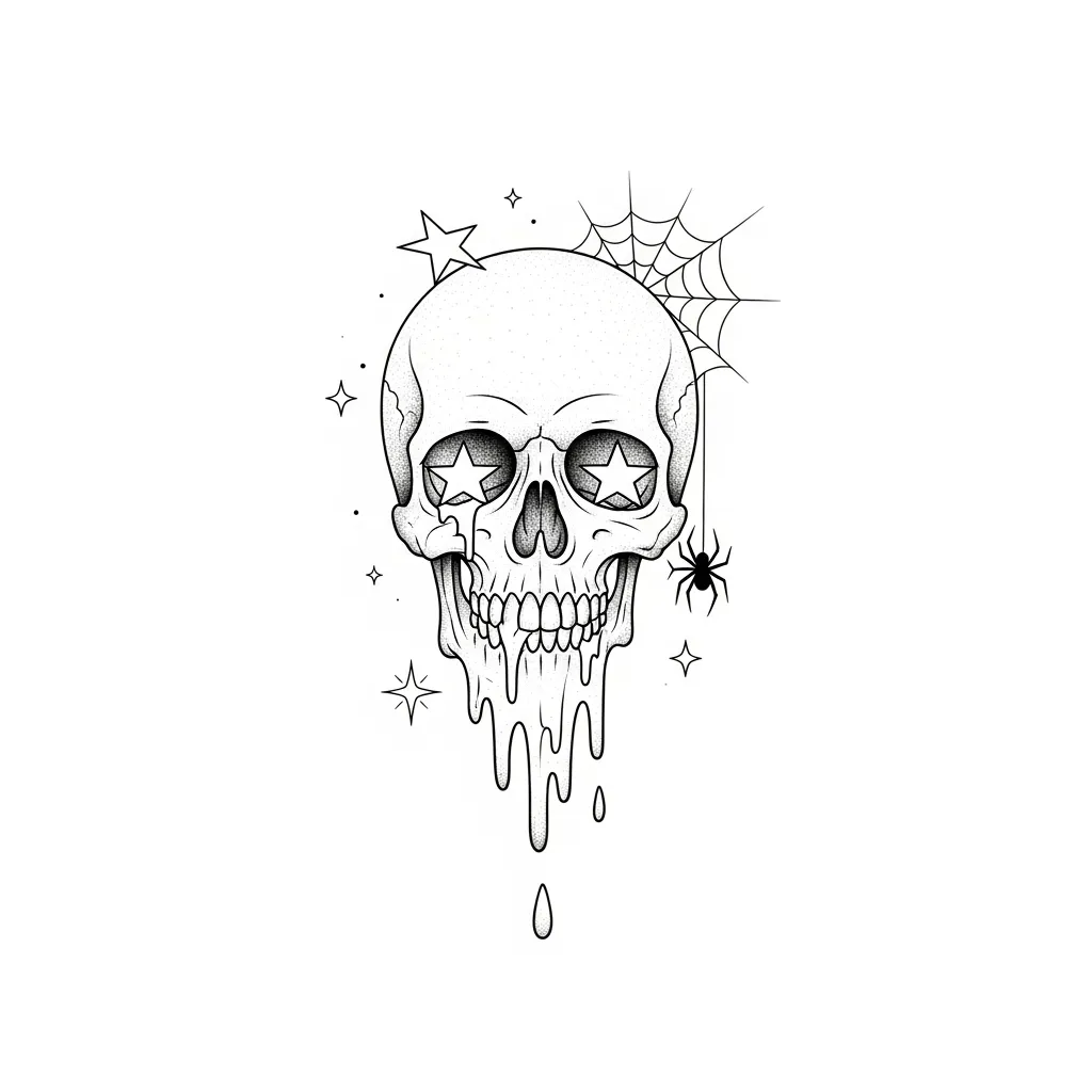 Melting Skull with Stars and Spiderweb Fine Line Tattoo