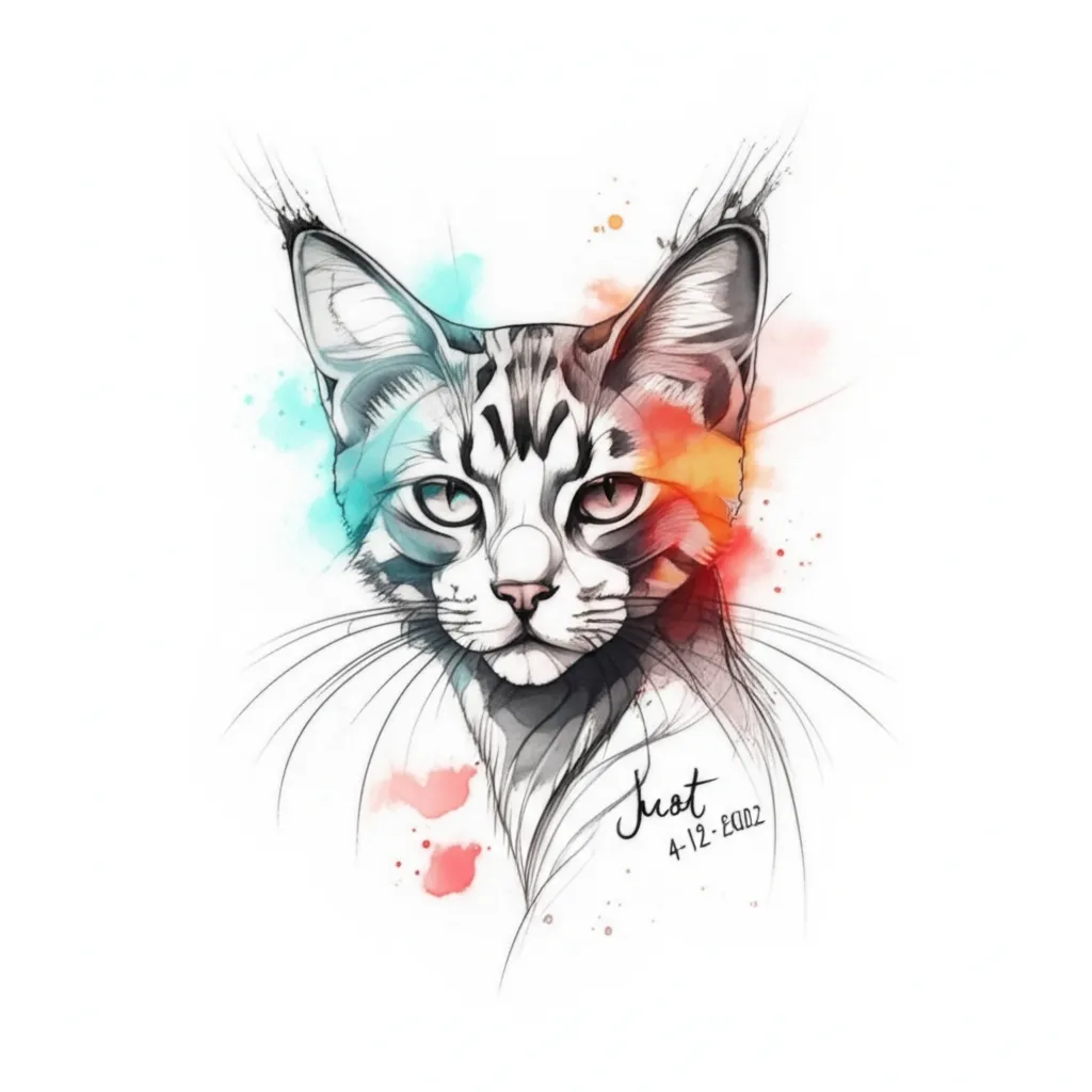 Watercolor Cat Tattoo with Name and Date: 'Just' - Unique Design Watercolor Cat Tattoo with Name and Date: 'Just' - Unique Design