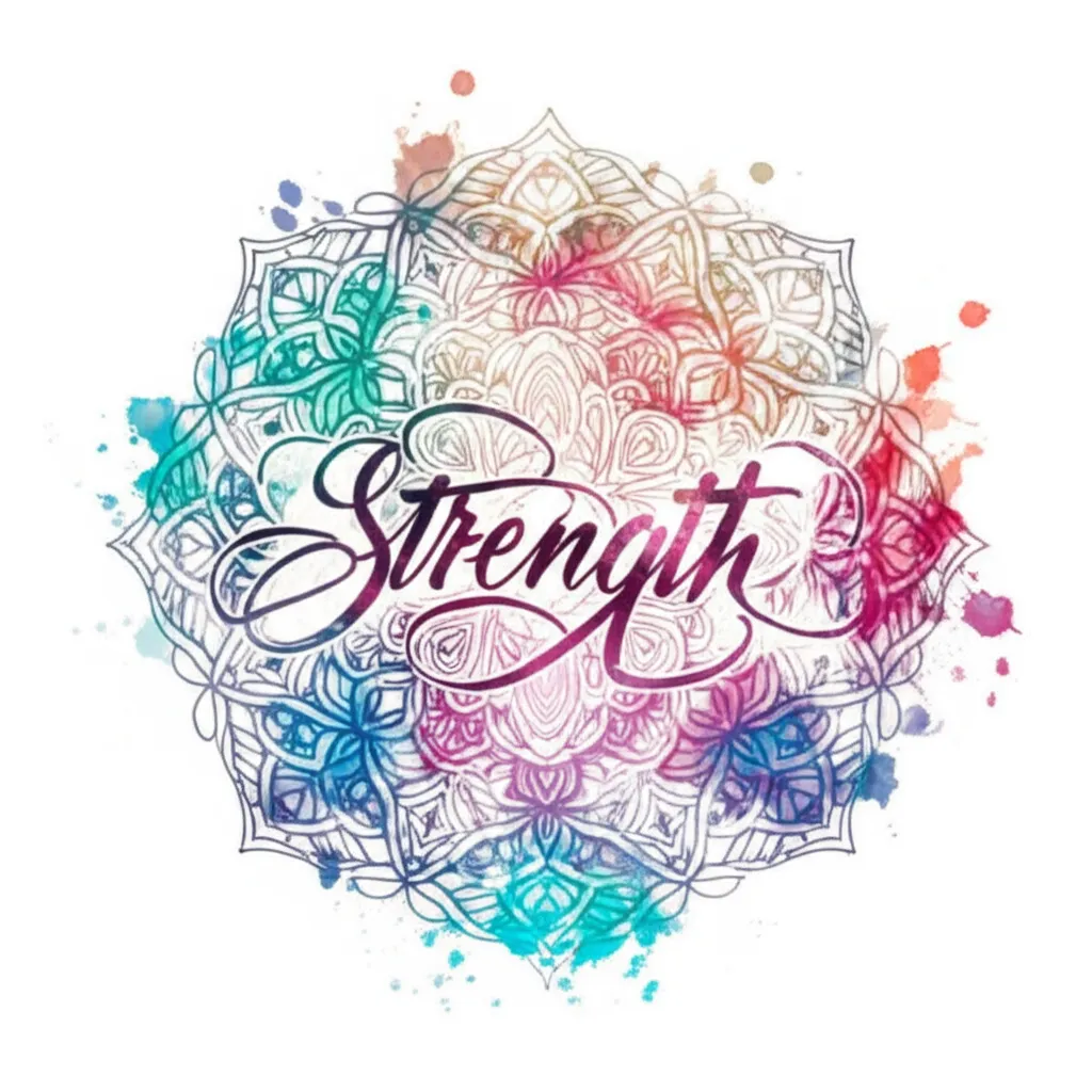 Watercolor Mandala Tattoo with 'Strength' Script for Arm
