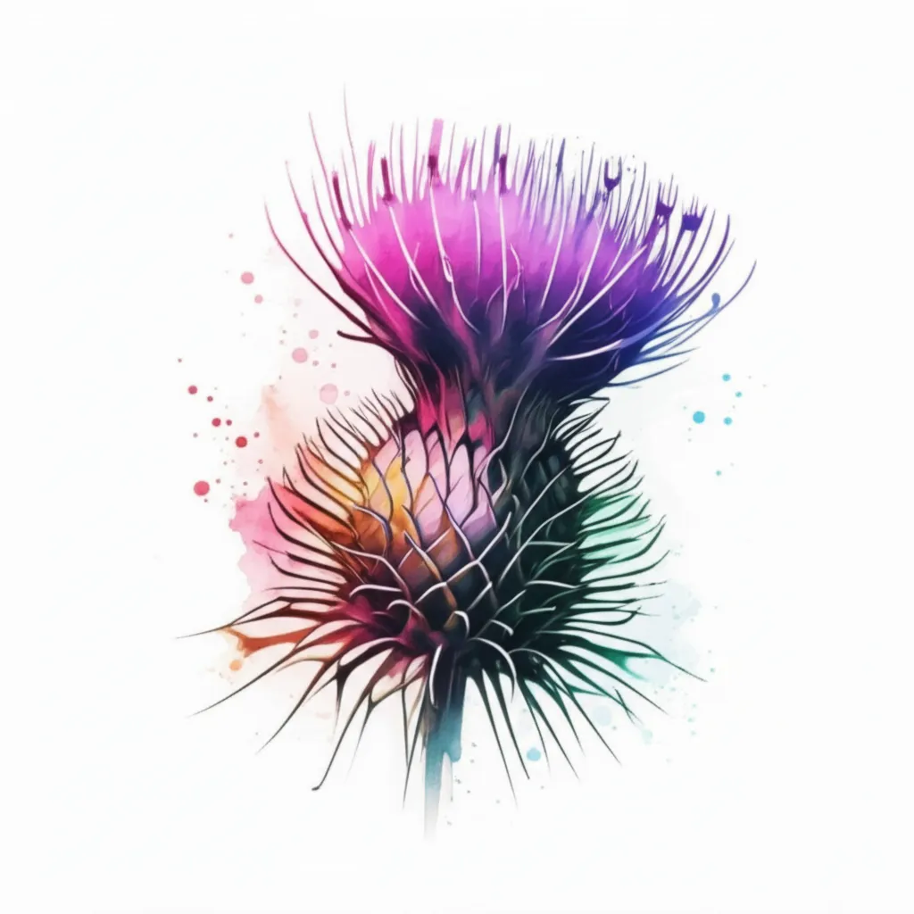 Watercolor Thistle Tattoo Idea - Unique Floral Design Watercolor Thistle Tattoo Idea - Unique Floral Design