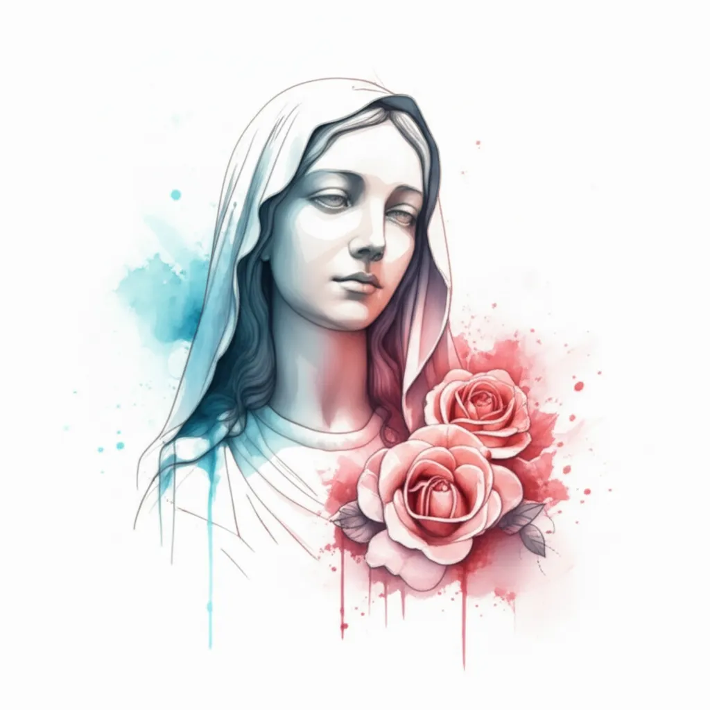 Watercolor Virgin Mary with Roses Tattoo Design