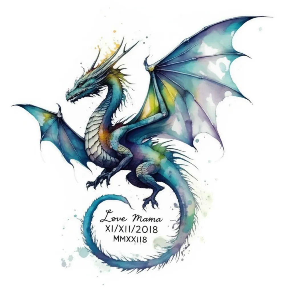 Watercolor Dragon Memorial Tattoo for Mother - 'Love Mama' Watercolor Dragon Memorial Tattoo for Mother - 'Love Mama'