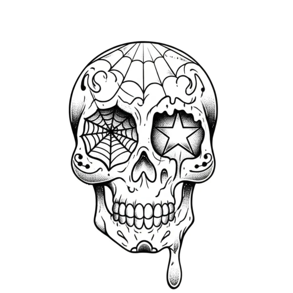 Small Fine Line Sugar Skull Tattoo with Spider Web and Star Small Fine Line Sugar Skull Tattoo with Spider Web and Star
