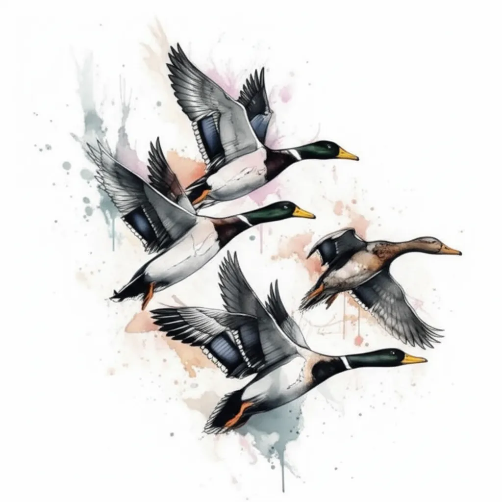Watercolor Flying Mallard Ducks Rib Cage Tattoo Design
