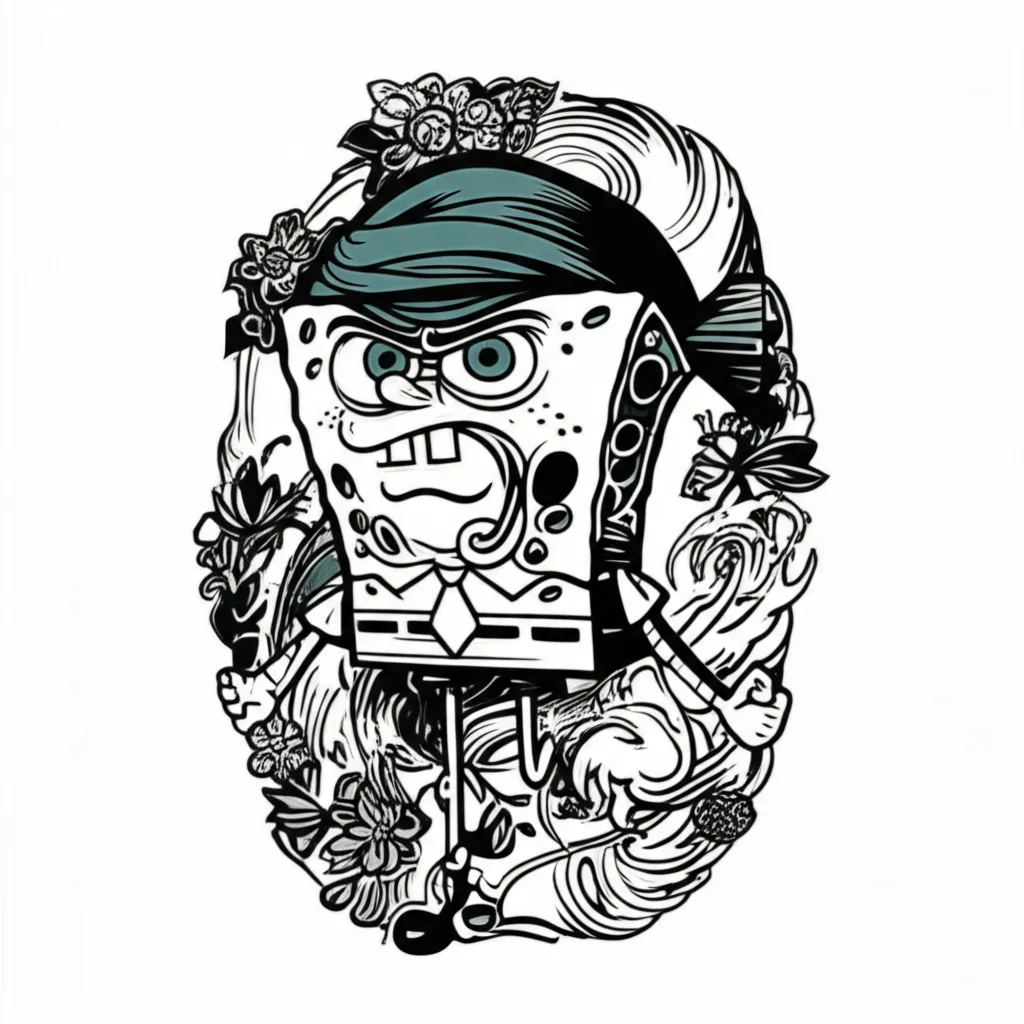 Gangster Spongebob Tattoo: Black and White Japanese Style Gangster Spongebob Tattoo: Black and White Japanese Style