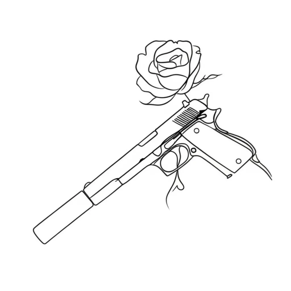 Minimalist Pistol with Rose Tattoo Design