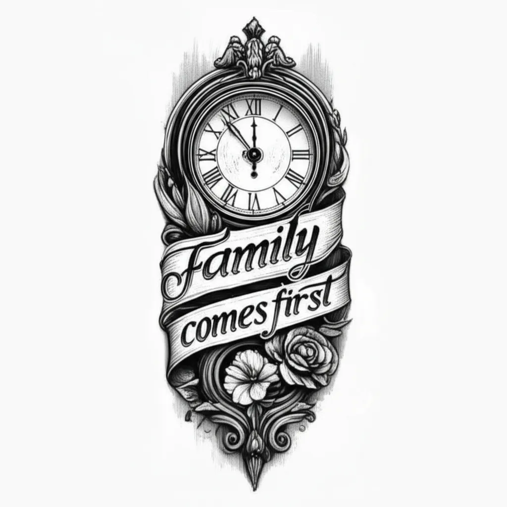 Family First Clock Tattoo: Illustrative Forearm Design
