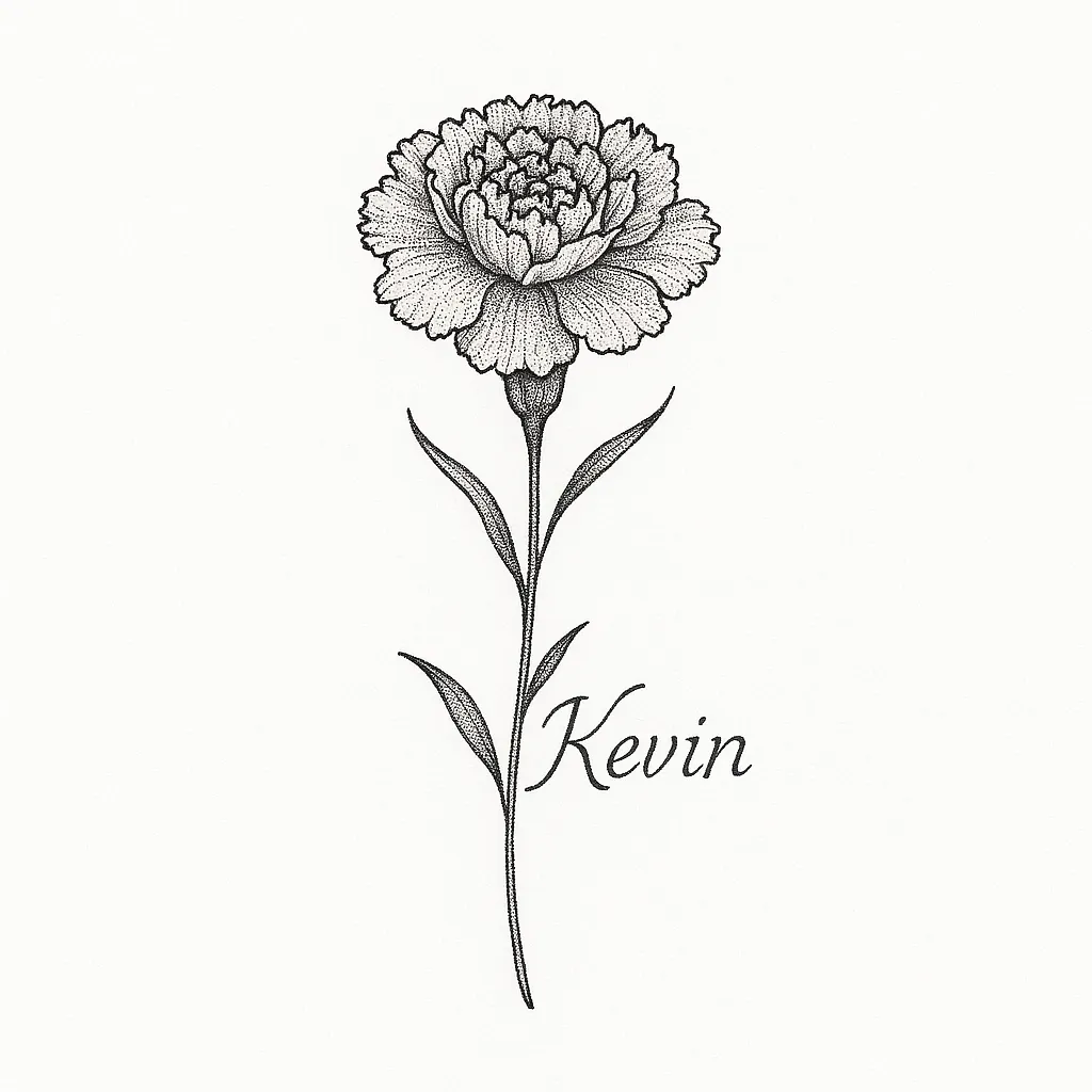 Coronation Flower Tattoo with 'Kevin' Name in Fine Line Style Coronation Flower Tattoo with 'Kevin' Name in Fine Line Style