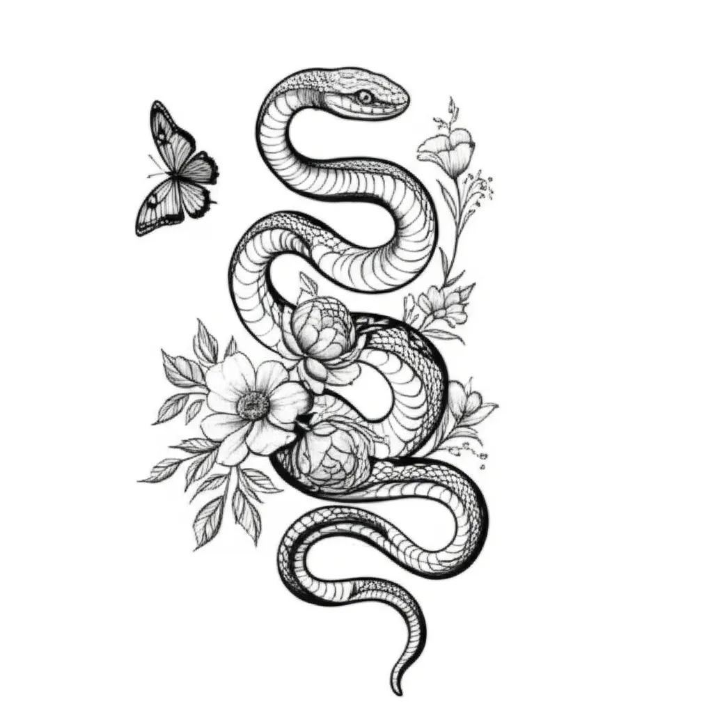 Fine Line Snake Tattoo with Flowers and Butterflies - Elegant Design Fine Line Snake Tattoo with Flowers and Butterflies - Elegant Design