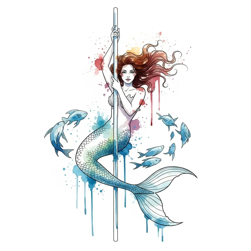 Watercolor Mermaid Stripper Pole Tattoo Design