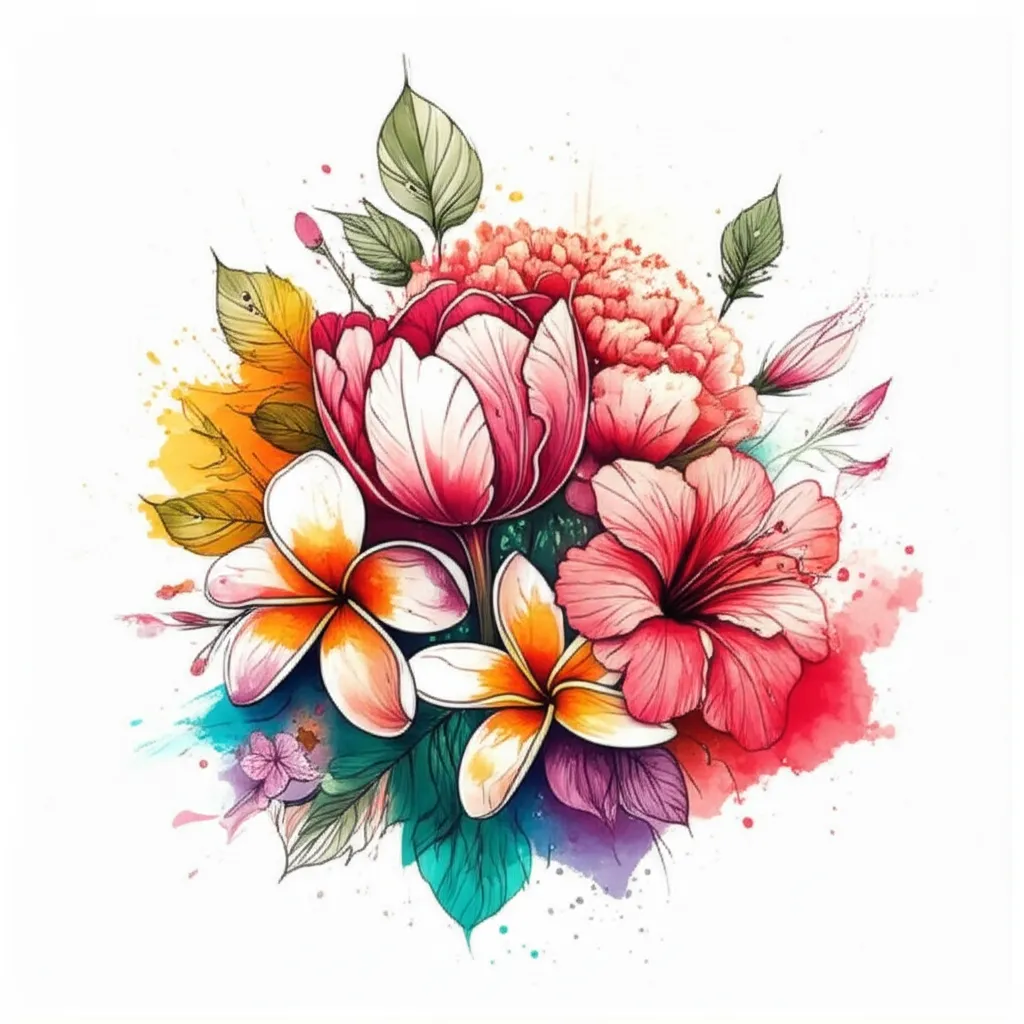 Watercolor Flower Tattoo Design: Mums, Tulips, Plumerias, Hibiscuses, Carnations