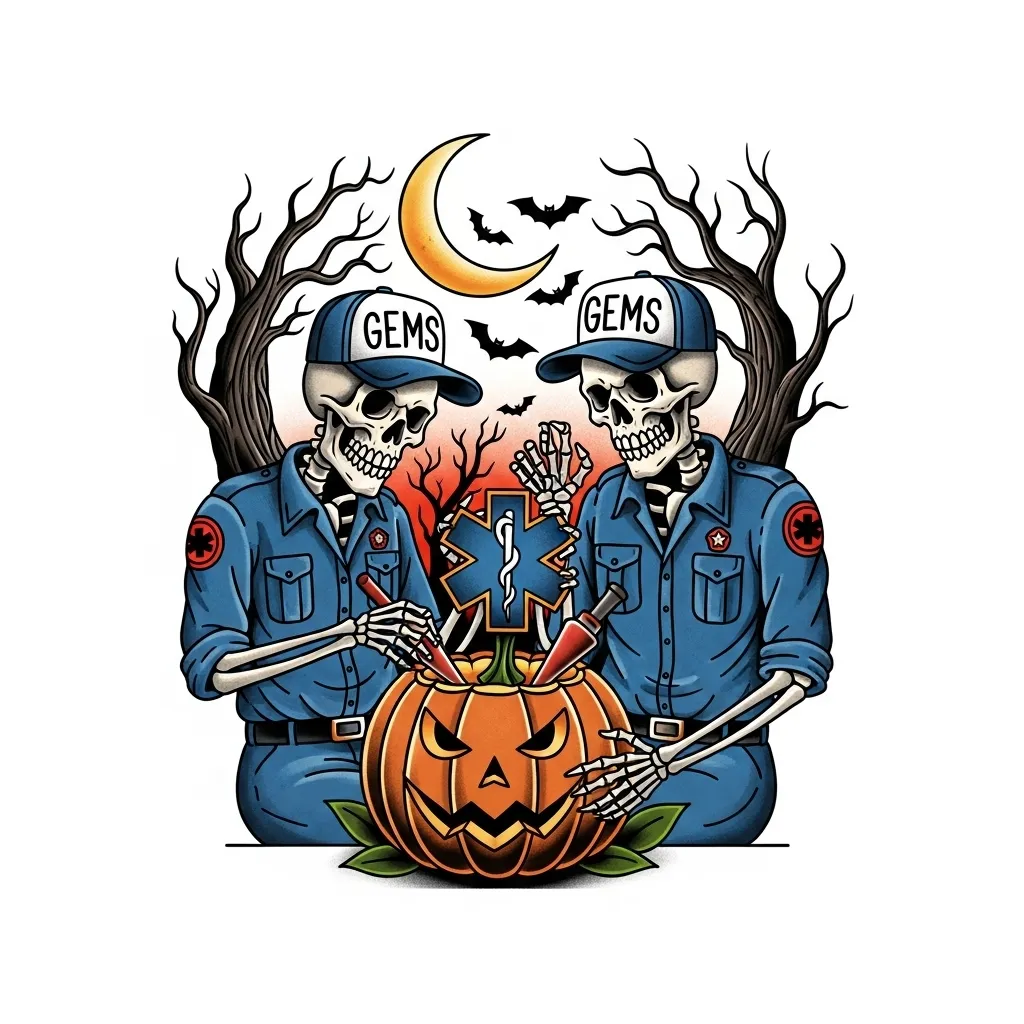American Traditional Tattoo: Paramedic Skeletons Carving Halloween Pumpkin American Traditional Tattoo: Paramedic Skeletons Carving Halloween Pumpkin