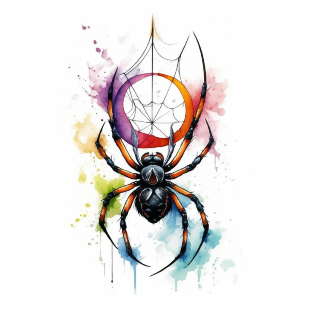 Watercolor Spider Tattoo with Crescent Moon Web - Unique Design