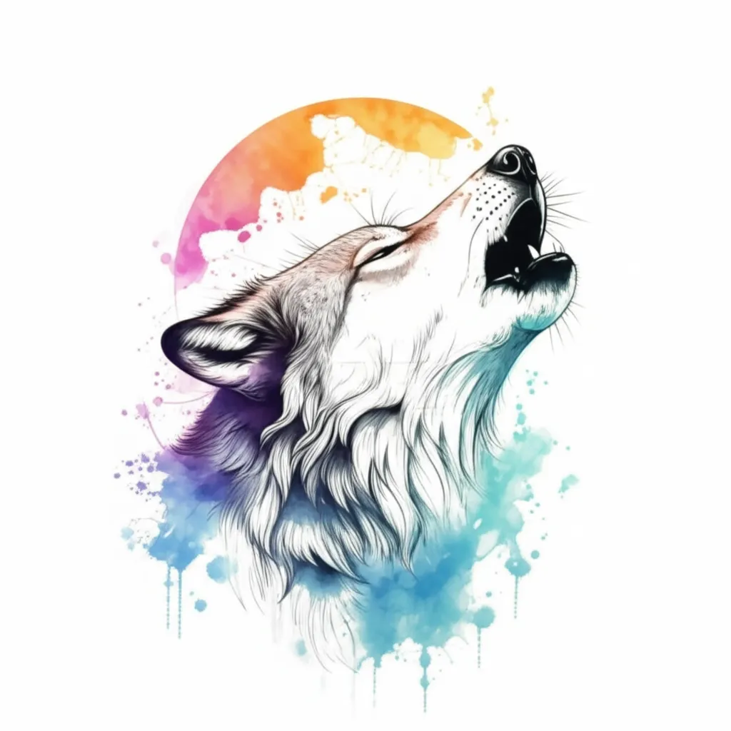 Watercolor Wolf Howling at the Moon Tattoo Design