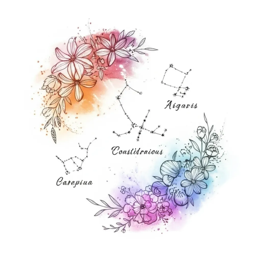 Watercolor Constellation Tattoo with Flowers and Children's Names Watercolor Constellation Tattoo with Flowers and Children's Names