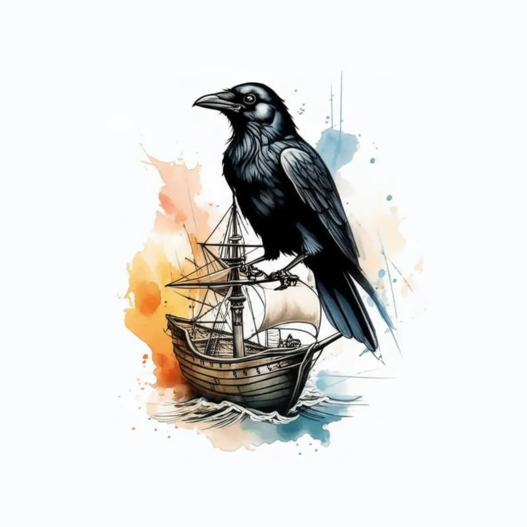 Watercolor Crow on Ship Tattoo: A Jack Sparrow Inspired Design
