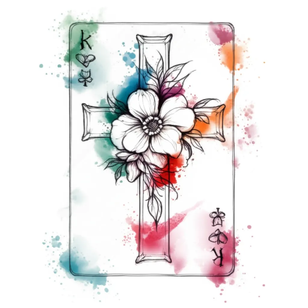 Watercolor Floral Cross Playing Card Tattoo Design