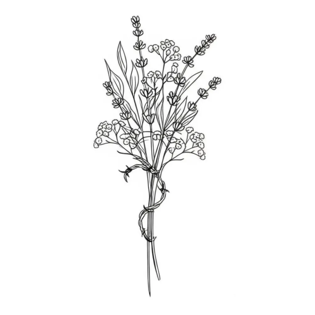 Minimalist Bouquet of Vines, Baby Breath, Lavender & Barbwire Spine Tattoo Minimalist Bouquet of Vines, Baby Breath, Lavender & Barbwire Spine Tattoo
