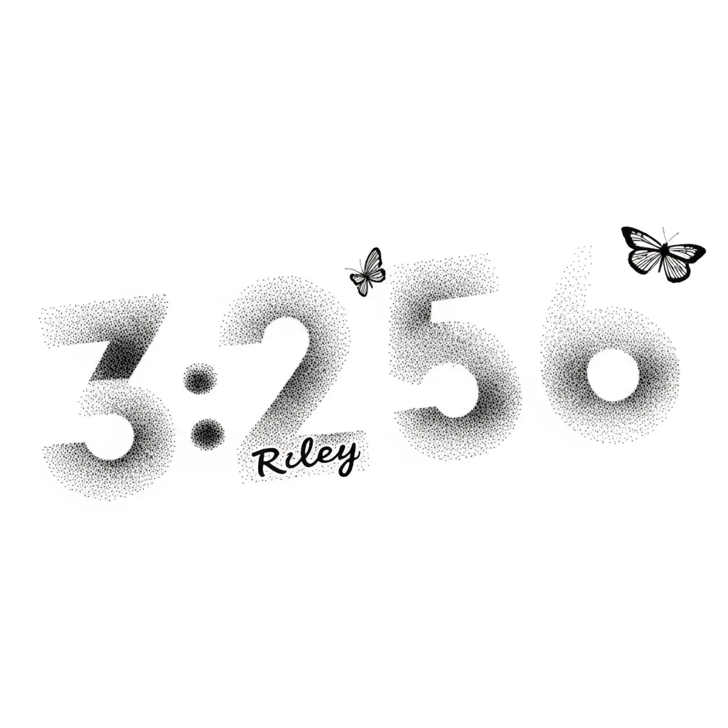 Dotwork Number Tattoo with Name and Butterflies - Forearm Design