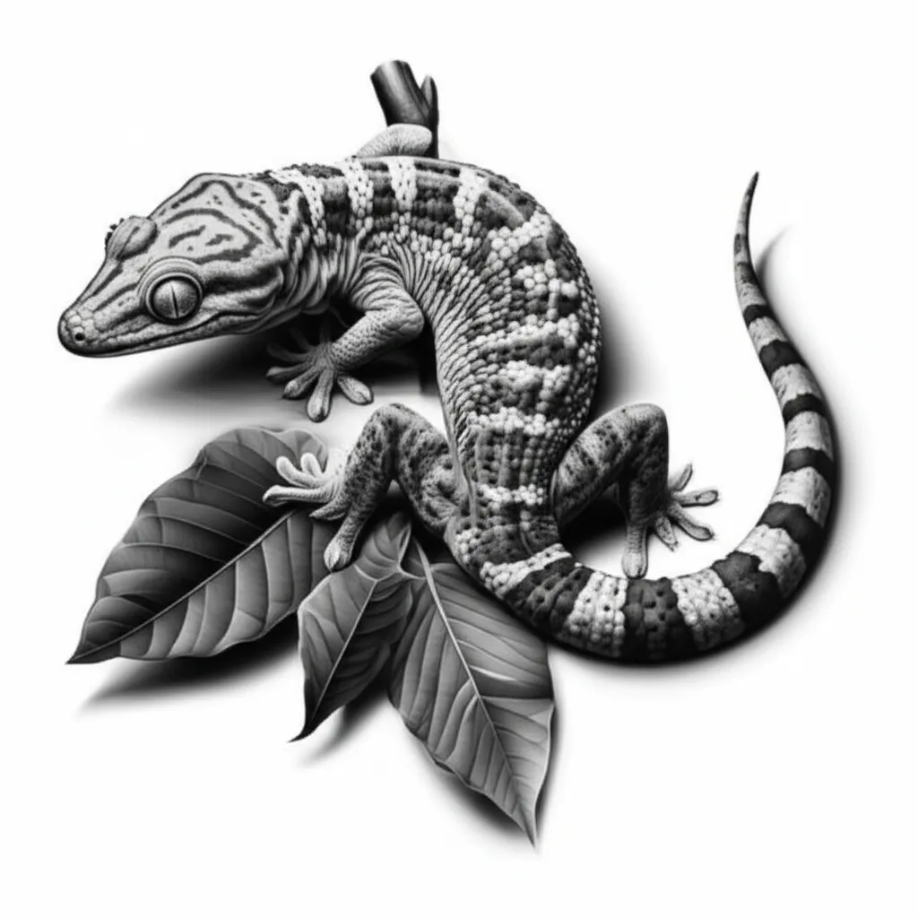 Realistic Tokay Gecko Tattoo Design on Leaves Realistic Tokay Gecko Tattoo Design on Leaves