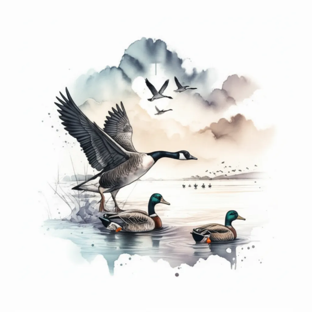 Watercolor Geese and Ducks Tattoo with Cross in Clouds