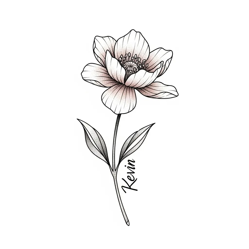 Fine Line Coronation Flower Tattoo with Kevin Name Fine Line Coronation Flower Tattoo with Kevin Name