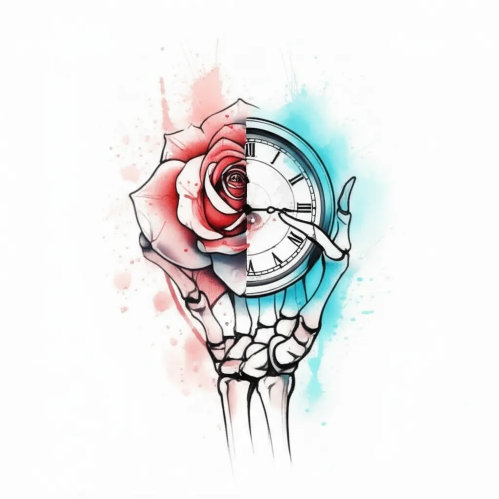 Watercolor Rose and Clock Tattoo on Skeleton Hand - Time and Beauty Watercolor Rose and Clock Tattoo on Skeleton Hand - Time and Beauty