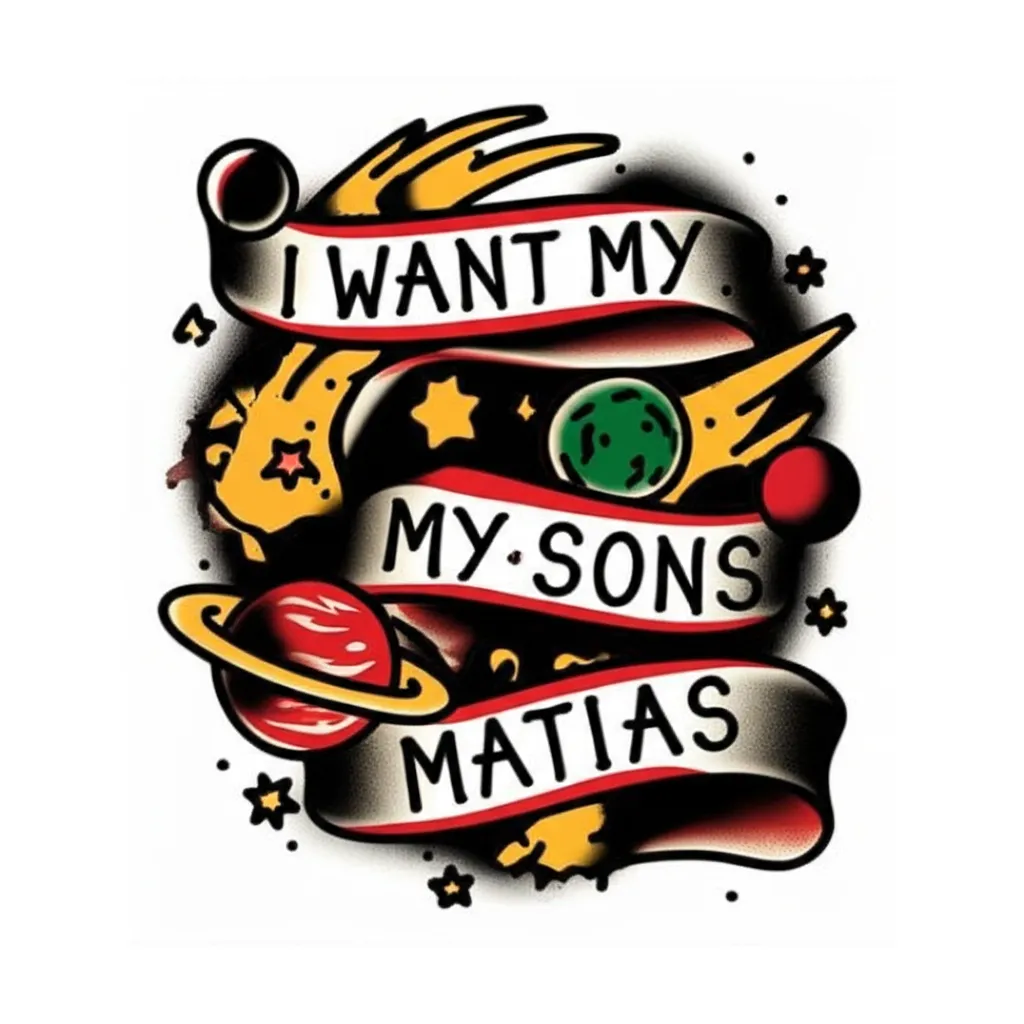 Matias Name Tattoo with Planets and Stars - American Traditional Style