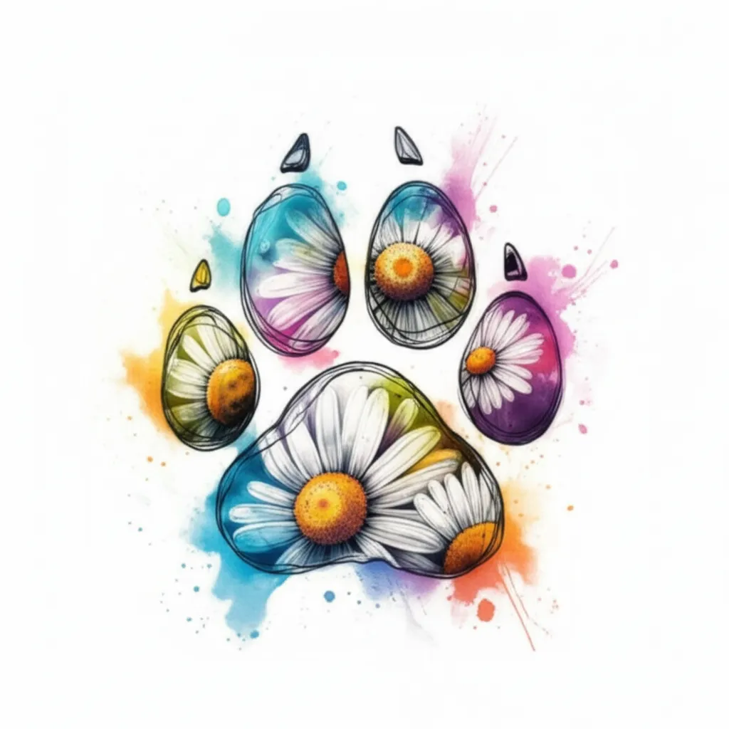 Watercolor Paw Print with Daisies Tattoo Design