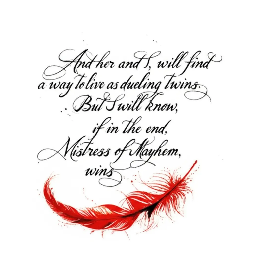 Dueling Twins Calligraphy Tattoo with Red Feather Meaning Dueling Twins Calligraphy Tattoo with Red Feather Meaning