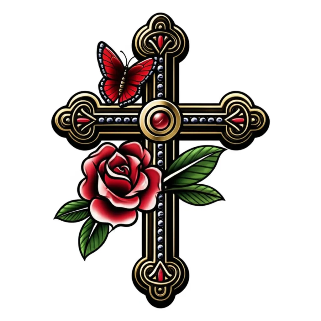 Neo-Traditional Wisdom Cross Tattoo with Red Butterfly and Rose Neo-Traditional Wisdom Cross Tattoo with Red Butterfly and Rose