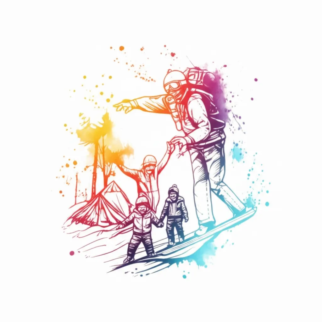 Watercolor Family Adventure Tattoo: Snowboarding, Hiking, Camping Watercolor Family Adventure Tattoo: Snowboarding, Hiking, Camping