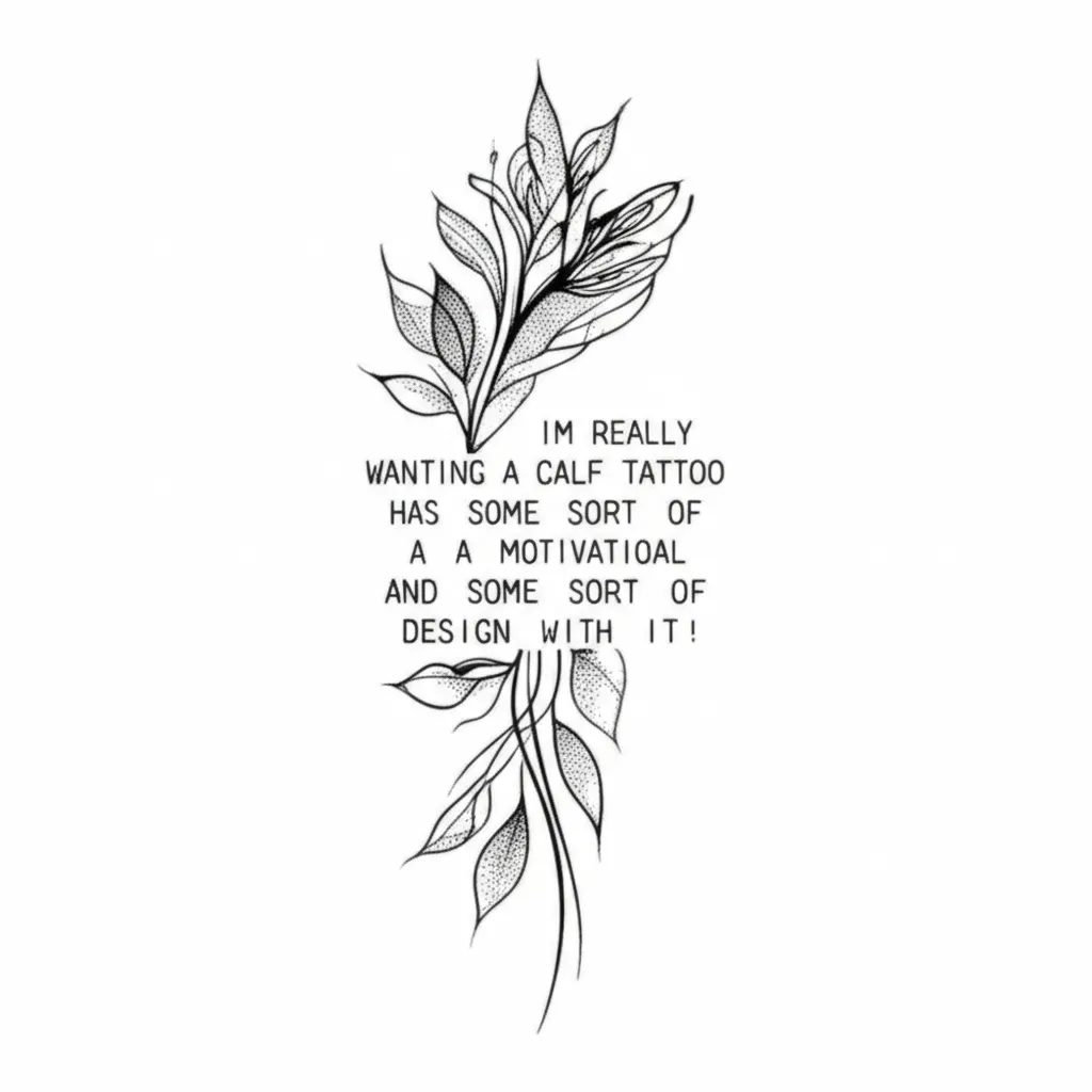 Fine Line Calf Tattoo with Motivational Saying and Botanical Design Fine Line Calf Tattoo with Motivational Saying and Botanical Design