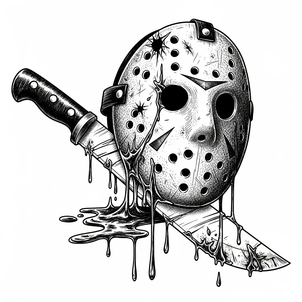 Scary Jason Mask with Blood and Knife Illustrative Tattoo Design