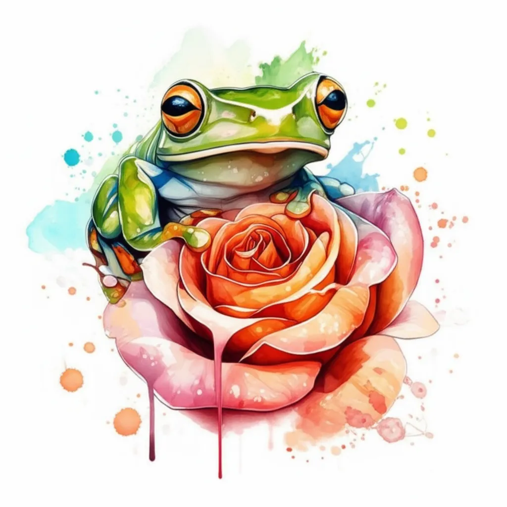 Watercolor Tree Frog and Peach Rose Tattoo Design