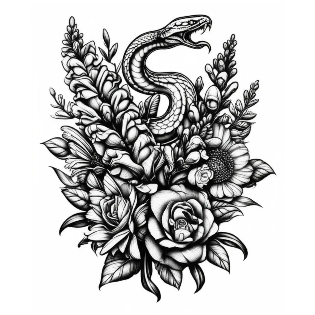 Illustrative Snake Tattoo with Snapdragon, Water Lily, Grazania, and Roses Illustrative Snake Tattoo with Snapdragon, Water Lily, Grazania, and Roses