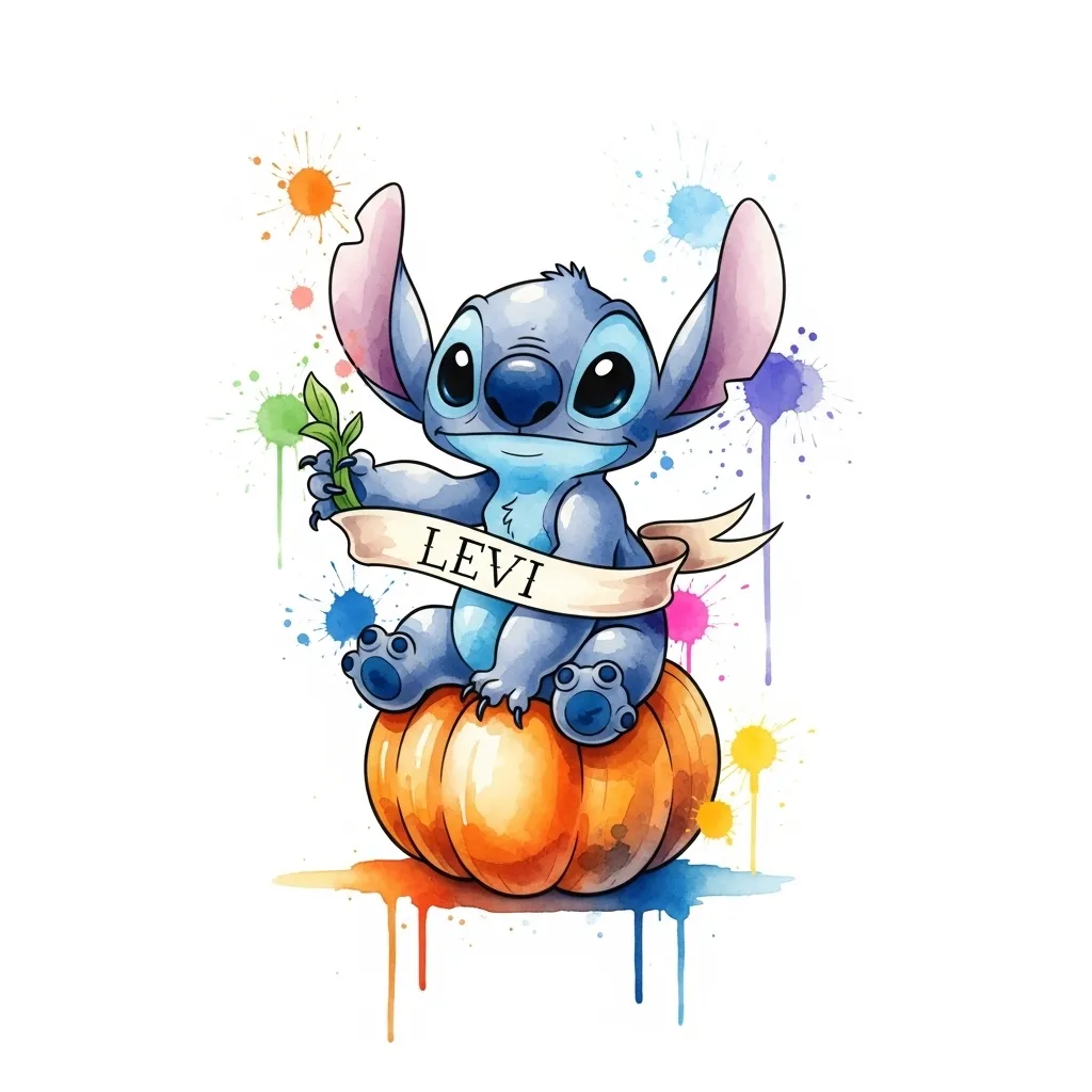 Stitch on Pumpkin Watercolor Tattoo with Levi Name Stitch on Pumpkin Watercolor Tattoo with Levi Name
