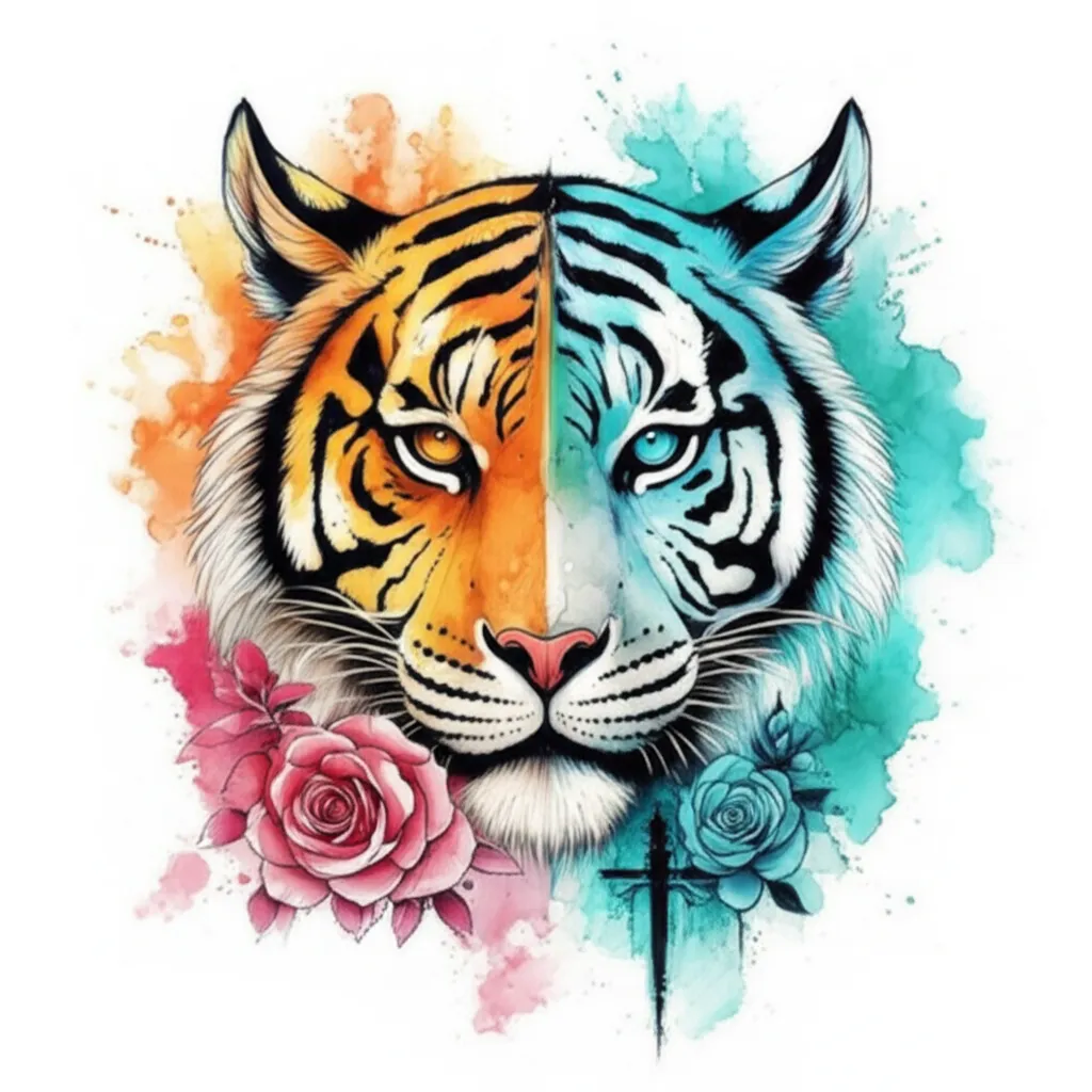 Watercolor Tiger Face with Roses and Cross Tattoo Design