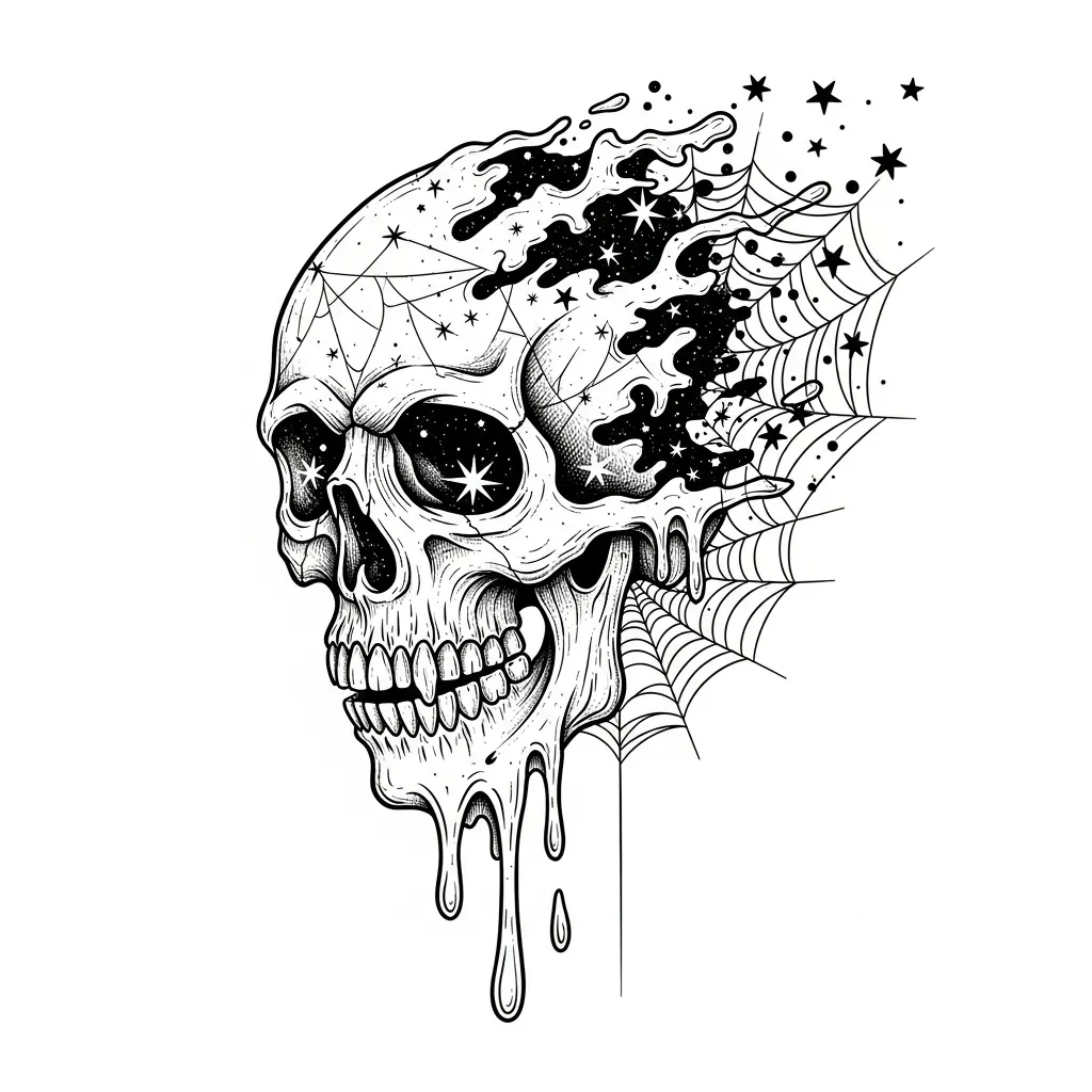 Melting Skull Tattoo with Stars and Spiderweb - Blackwork Style