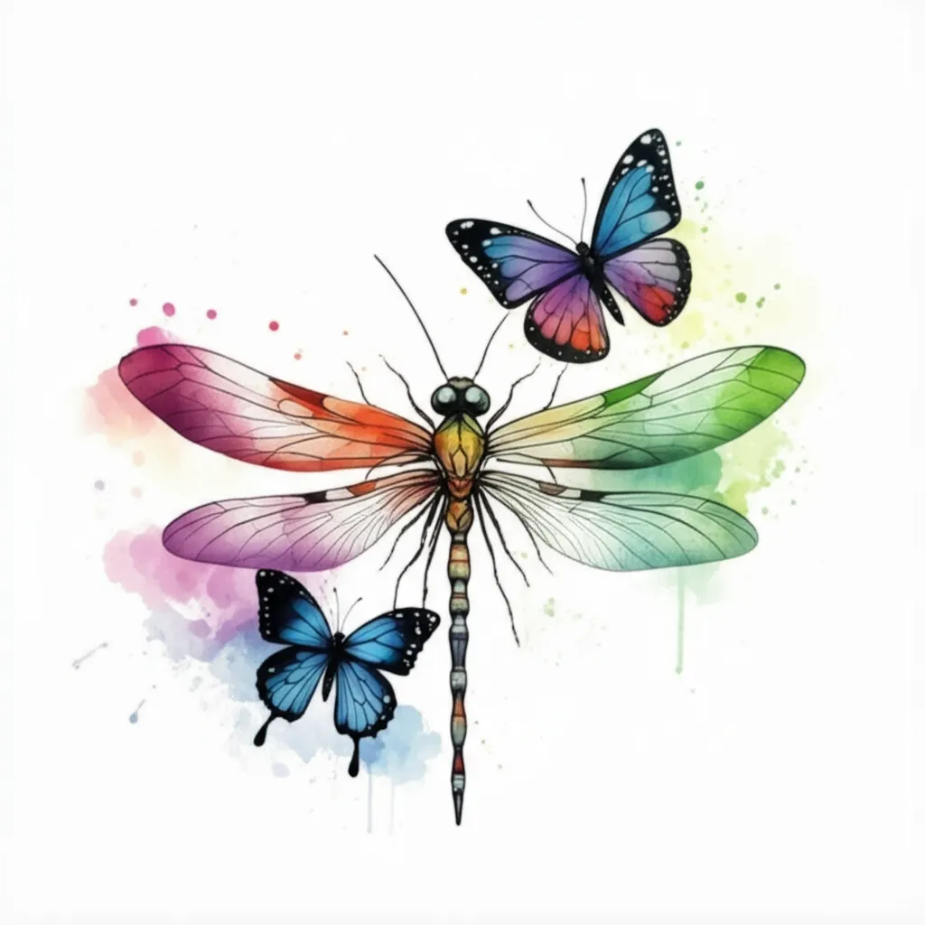 Watercolor Dragonfly and Butterfly Tattoo Design