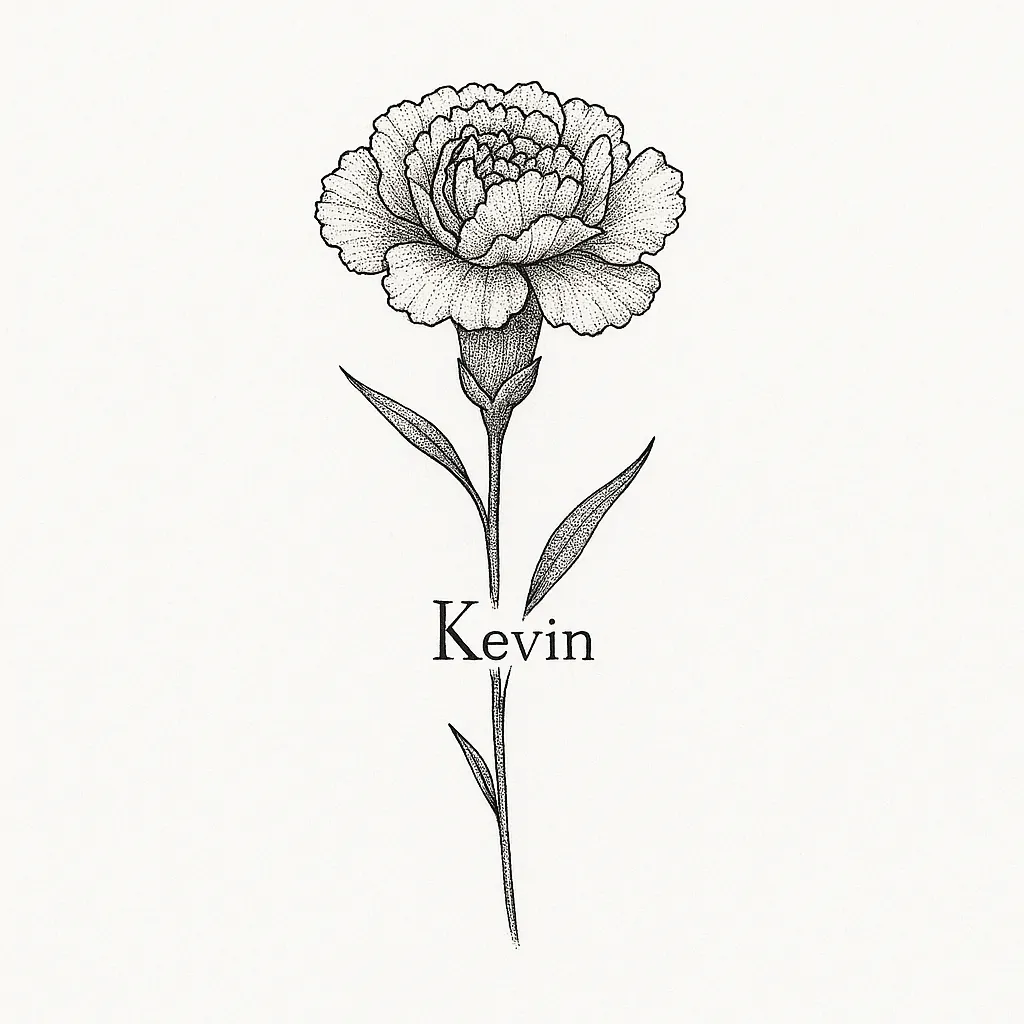 Fine Line Carnation Flower Tattoo with Name 'Kevin' Fine Line Carnation Flower Tattoo with Name 'Kevin'